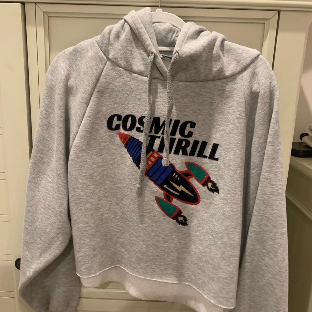 Grey graphic cropped sweatshirt.